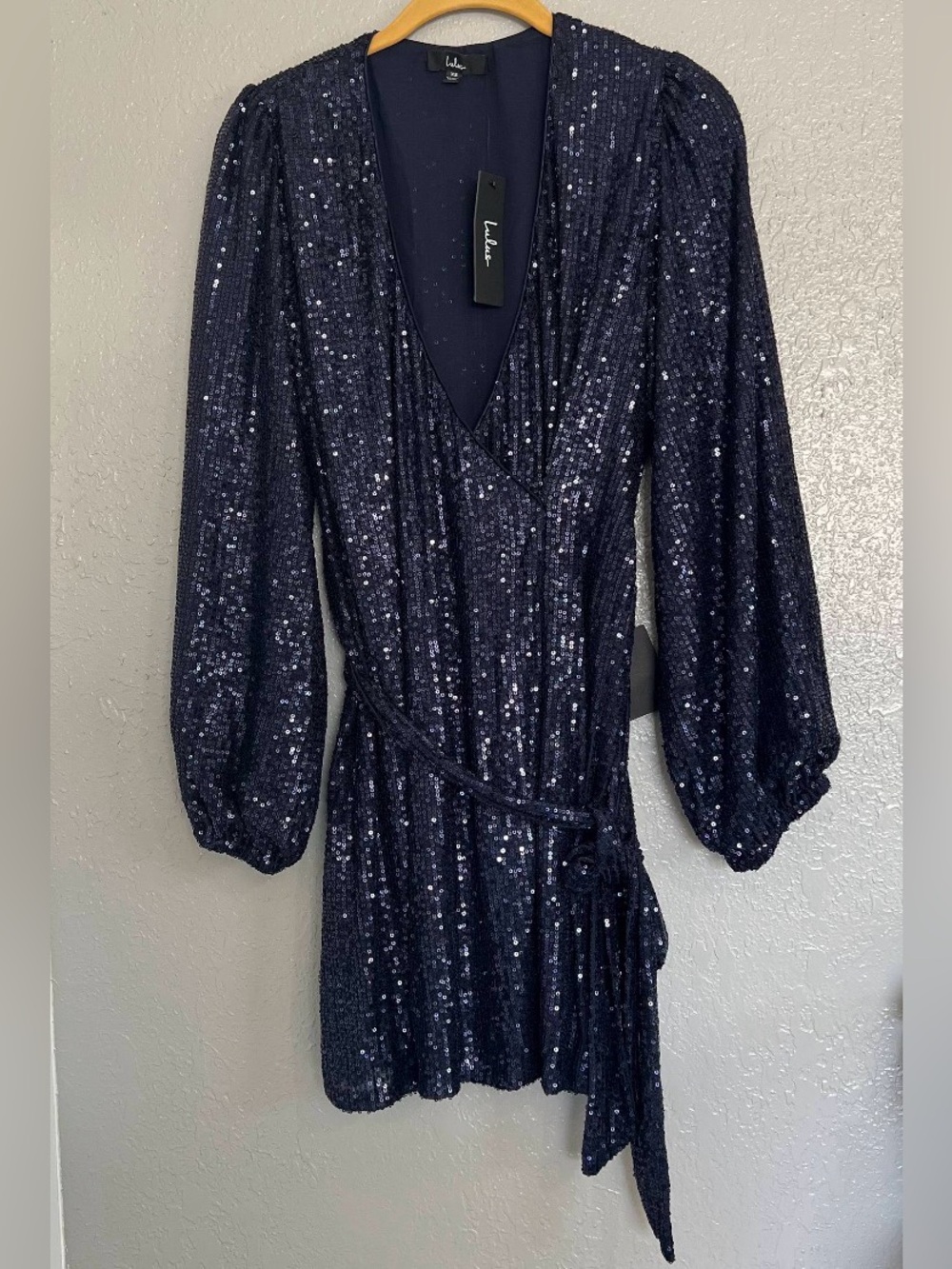 NWT Lulus Navy Sequin Wrap Mini Dress XS Long Sleeve Tie Waist Cocktail Party
